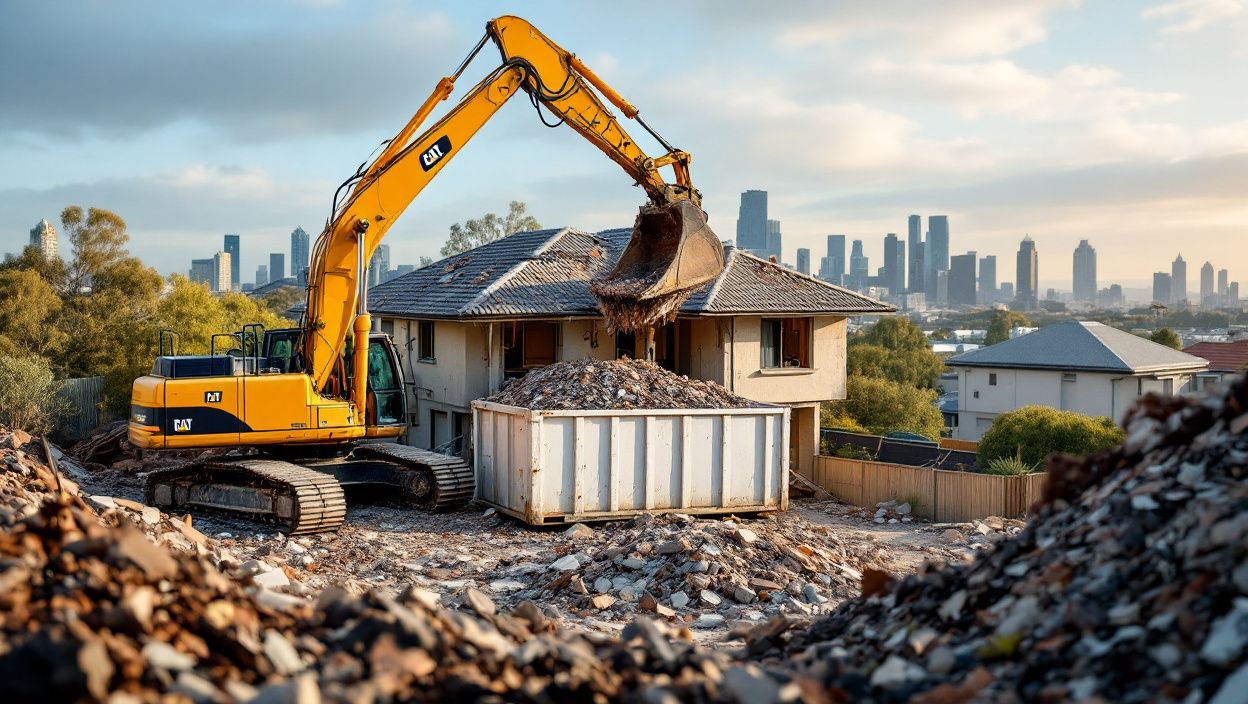Excavator Demolishing House