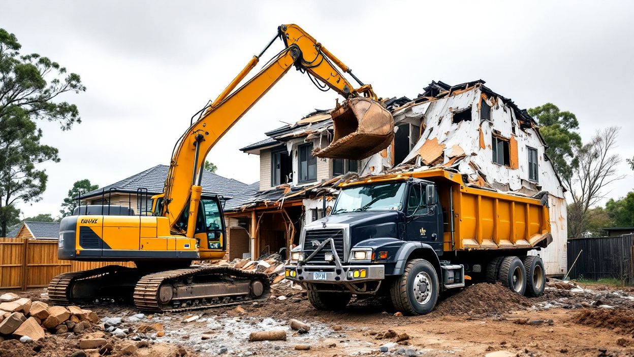 Excavator and Dump Truck on Demolition Site