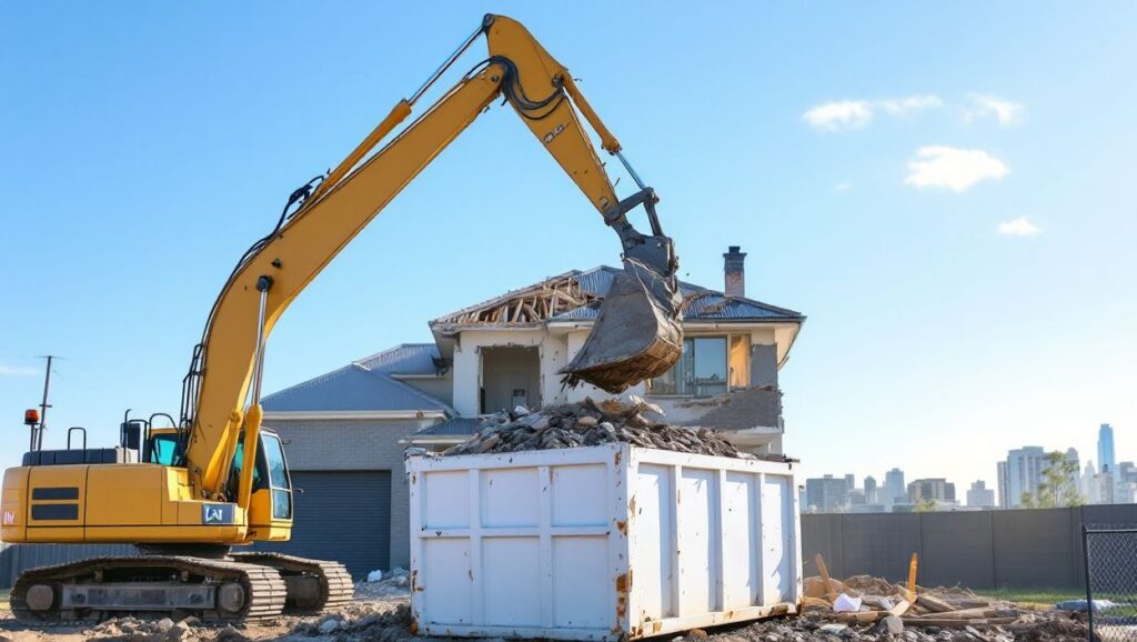 Excavator filling a bin