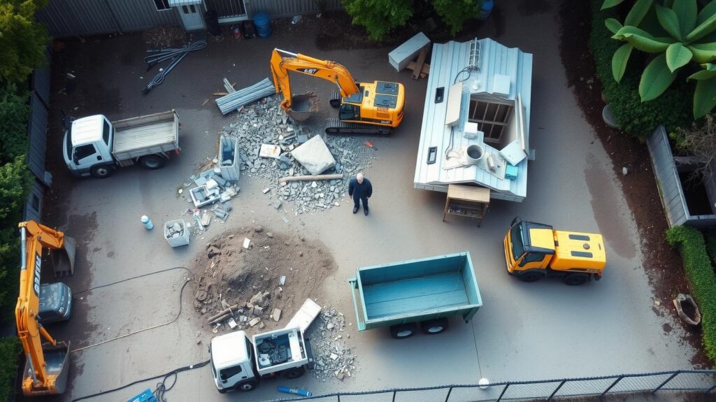 Excavators and Dump Trucks on Demolition Site [4]