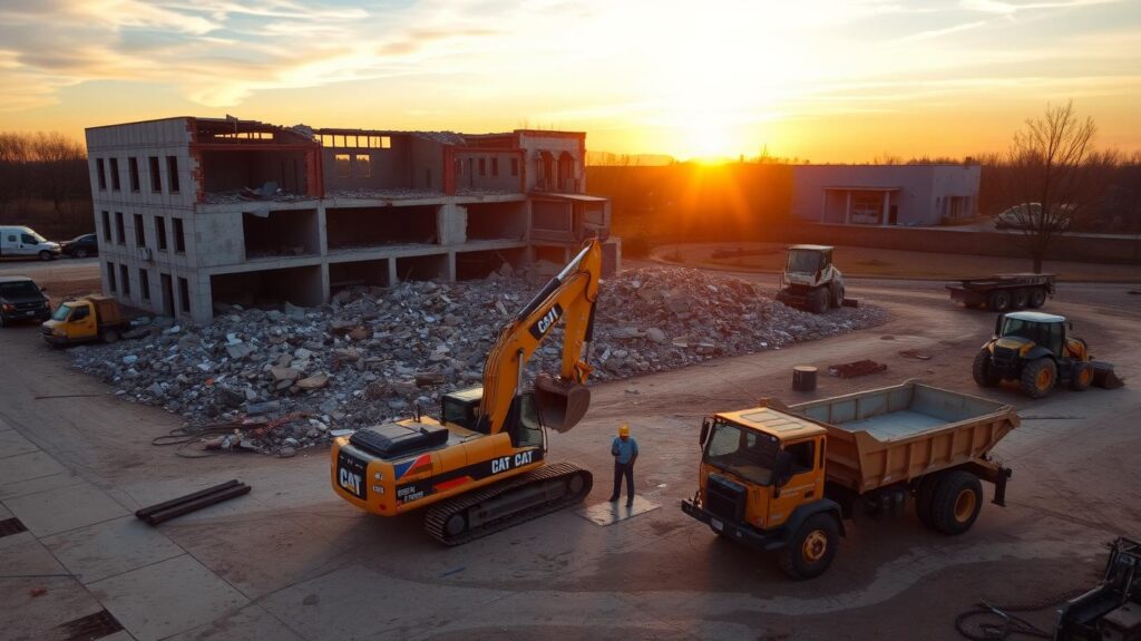 Overhead view of the demolition site at sunset, with the excavator, bobcat, and dump truck parked