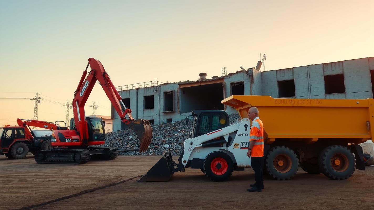 Side view of the excavator, bobcat, and dump truck parked at the demolition site