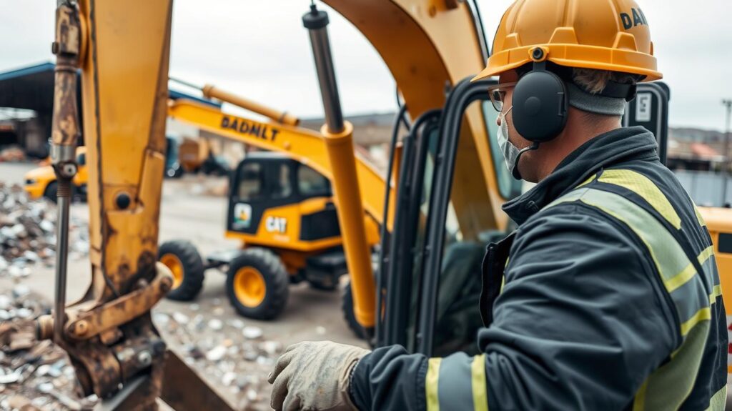 Worker controlling an excavator on a demolition site