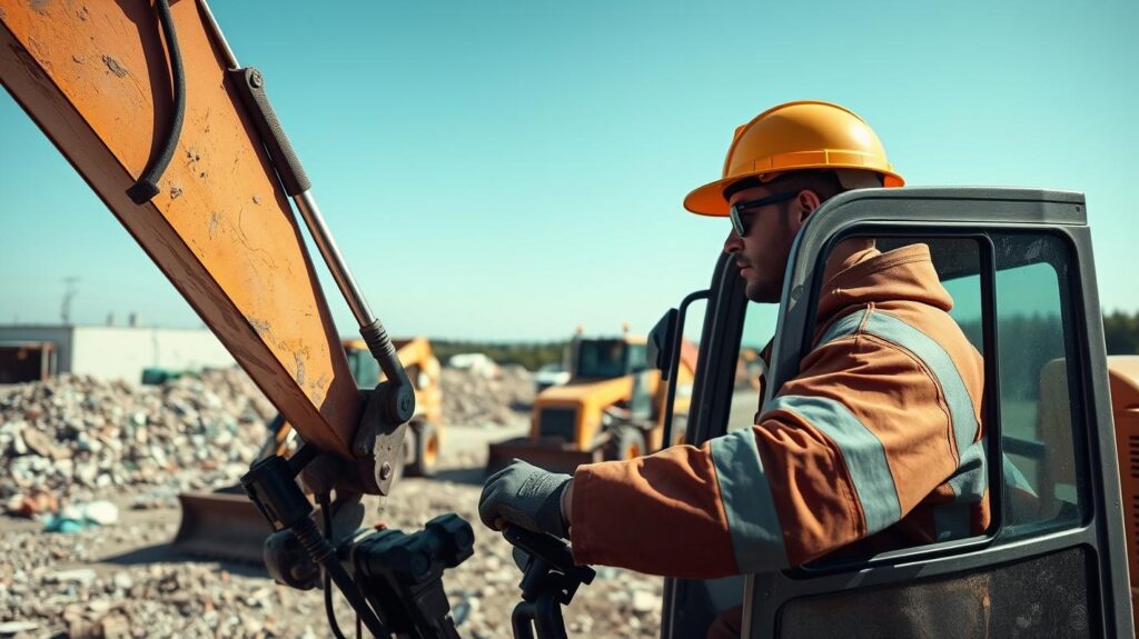 Worker controlling an excavator on a demolition site with a bobcat and dump truck in the background