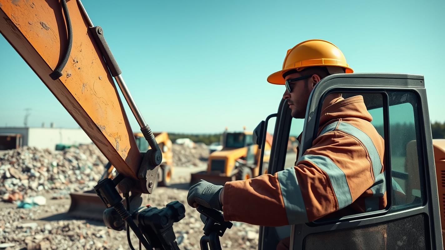 Worker controlling an excavator on a demolition site with a bobcat and dump truck in the background