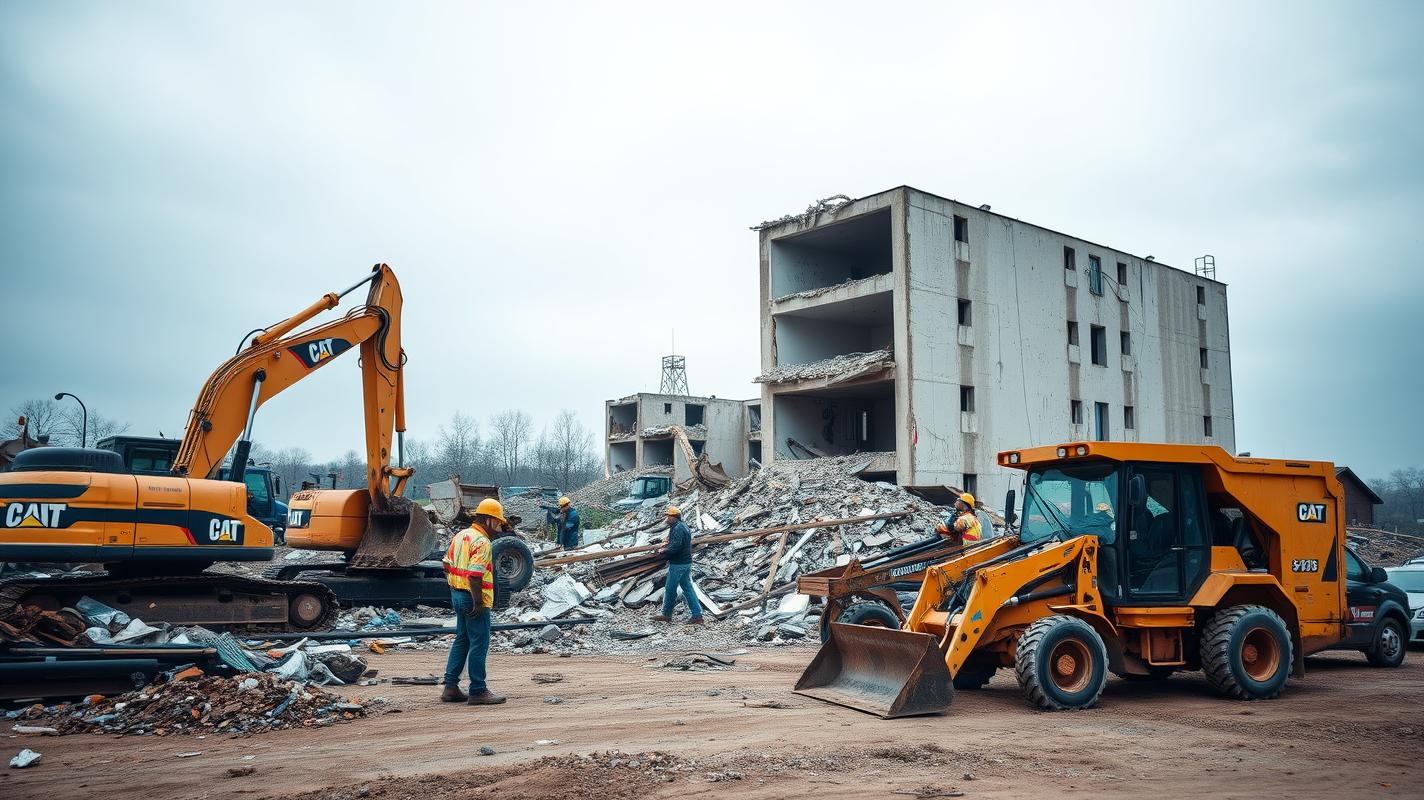 Workers working on a demolition site with an excavator, bobcat and dump truck - demolishing 2
