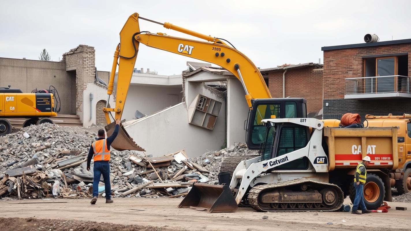Workers working on a demolition site with an excavator, bobcat and dump truck - demolishing 4