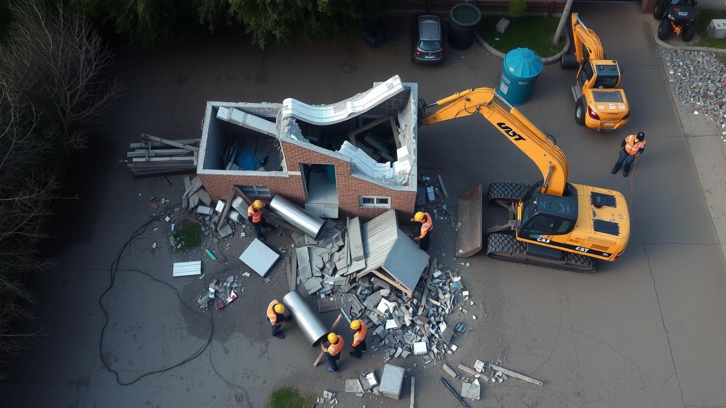 Workers working on a demolition site with an excavator, demolished 1-storey house - aerial shot