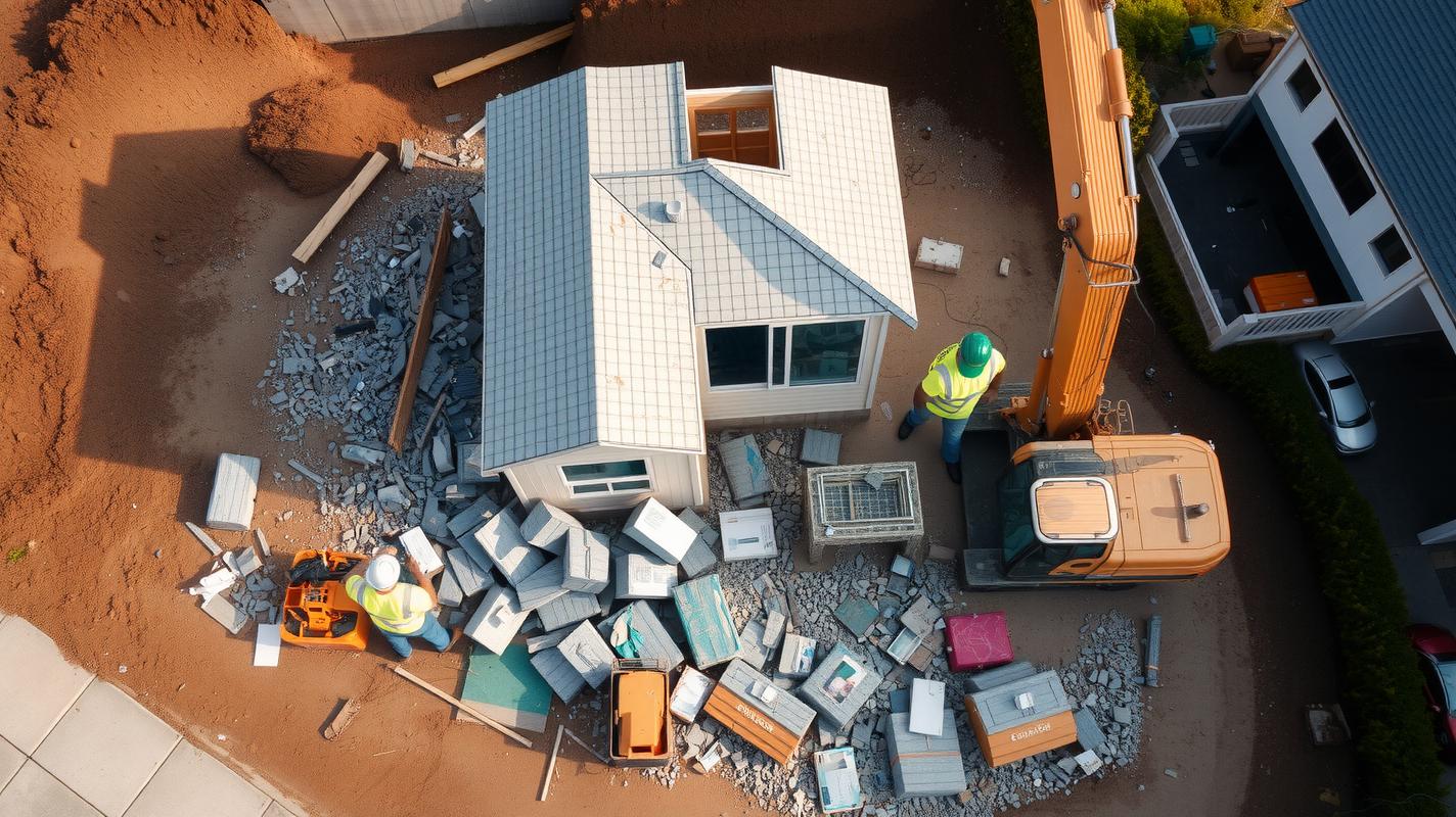 Workers working on a demolition site with an excavator, demolished 1-storey house